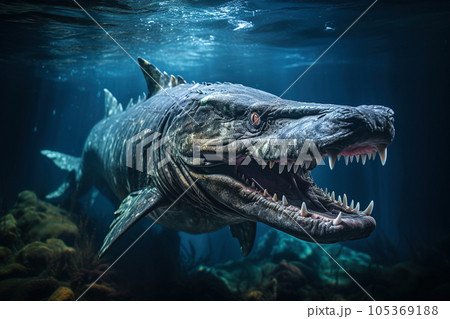 Scary sea fish like monster swims in blue water, underwater scene 105369188