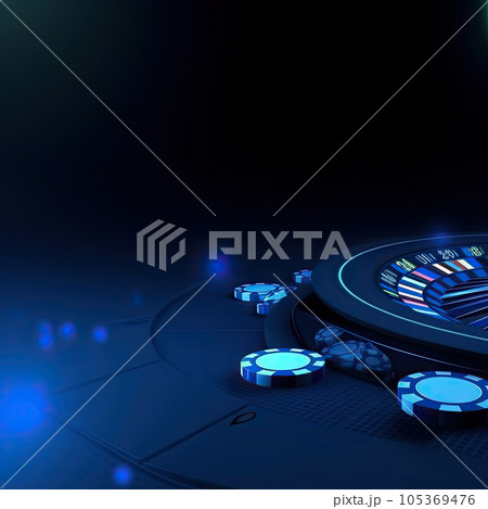 Collage of casino images with a close-up vibrant image of multicolored casino roulette table with poker chips 105369476