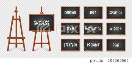 Black chalkboard on wooden easel. Blackboard in wooden frame on a tripod. Presentation board with text, writing or drawing surface. Leadership and success, goals achievement. Vector illustration 105369663