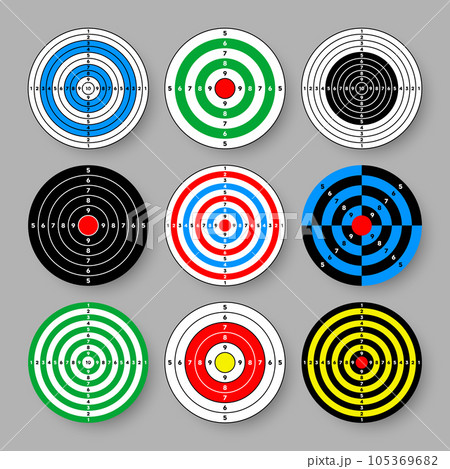Shooting range paper targets. Round target with divisions, marks and numbers. Archery, gun shooting practise and training, sport competition and hunting. Bullseye and aim. Vector illustration Shooting range paper targets. Round target with divisions, marks and numbers. Archery, gun shooting practise and training, sport competition and hunting. Bullseye and aim. Vector illustration 105369682