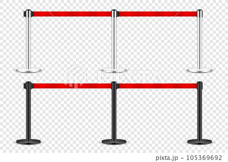 Realistic red retractable belt stanchion. Crowd control barrier posts with caution strap. Queue lines. Restriction border and danger tape. Attention, warning sign. Vector illustration Realistic red retractable belt stanchion. Crowd control barrier posts with caution strap. Queue lines. Restriction border and danger tape. Attention, warning sign. Vector illustration 105369692
