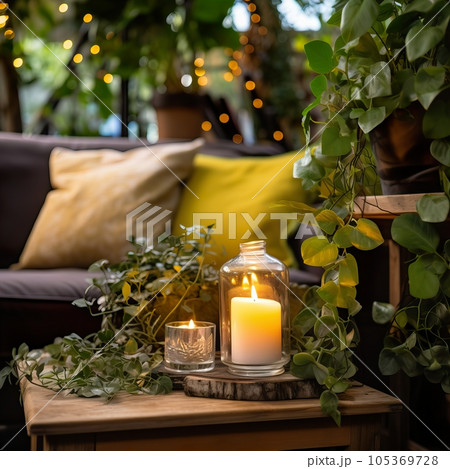 Mindfulness home interior decor, green plants and candles in beautiful afternoon light, natural cozy calm home decoration 105369728