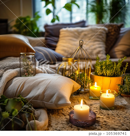 Mindfulness home interior decor, green plants and candles in beautiful afternoon light, natural cozy calm home decoration Mindfulness home interior decor, green plants and candles in beautiful afternoon light, natural cozy calm home decoration 105369741