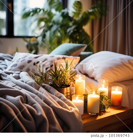 Mindfulness home interior decor, green plants and candles in beautiful afternoon light, natural cozy calm home decoration Mindfulness home interior decor, green plants and candles in beautiful afternoon light, natural cozy calm home decoration 105369743