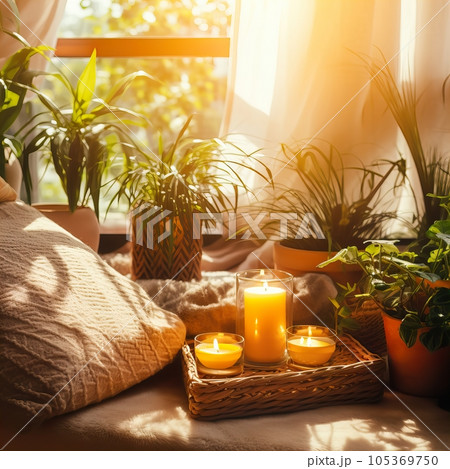 Mindfulness home interior decor, green plants and candles in beautiful afternoon light, natural cozy calm home decoration Mindfulness home interior decor, green plants and candles in beautiful afternoon light, natural cozy calm home decoration 105369750