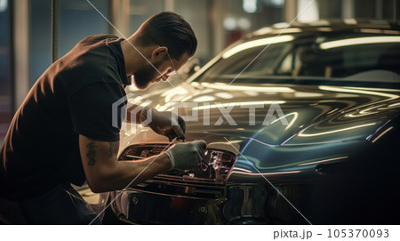 Car wrapping specialist putting vinyl foil or film on car. Selective focus. Car wrapping specialist putting vinyl foil or film on car. Selective focus. 105370093