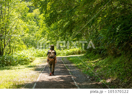 野反湖キャンプ場の遊歩道を歩く女性 105370122