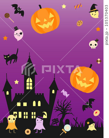 お化けやお菓子などをちりばめたハロウィンのカード 縦バージョン お化けやお菓子などをちりばめたハロウィンのカード 縦バージョン 105370403