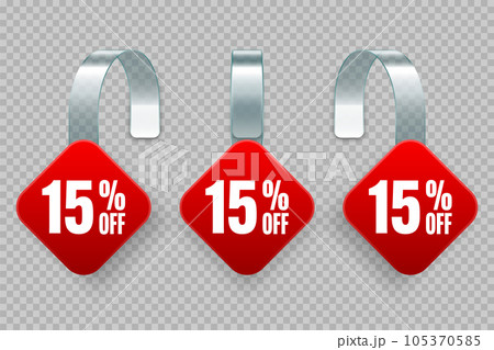 Supermarket promotional wobblers. Realistic red wobbler template for shelf advertising, 15 percent off discount. Sale label with ad text. Special offer price tag. Vector illustration Supermarket promotional wobblers. Realistic red wobbler template for shelf advertising, 15 percent off discount. Sale label with ad text. Special offer price tag. Vector illustration 105370585