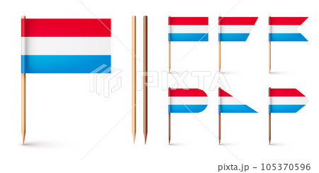 Luxembourgish toothpick flags. Souvenir from Luxembourg. Wooden toothpicks with paper flag. Location mark, map pointer. Blank mockup for advertising and promotions. Vector illustration 105370596