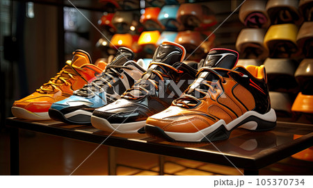 Sneakers and sport shoes on the wall in store. Noname colorful sport footwear. 105370734
