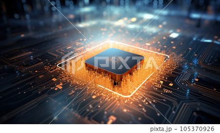 Advanced Technology Concept Visualization: Circuit Board CPU Processor Microchip Starting Artificial Intelligence Digitalization of Neural Networking and Cloud Computing. Digital Lines Move Data 105370926