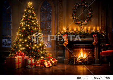 暖炉のある部屋とクリスマスツリーとプレゼント、生成AIのイラスト素材