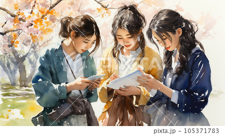 大学のキャンパスで打合せをしている女子大生達