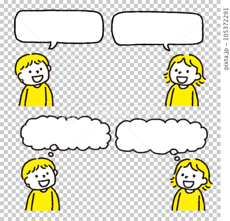 微笑交談，男孩和女孩思考，用氣球聊天式 105372291