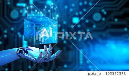 Robot hand holding Ai Processor chip of Cube Technology. Big data storage, Cloud computing, Machine learning, Ai blockchain technology. Artificial intelligence learnability Concept. 3D illustration. Robot hand holding Ai Processor chip of Cube Technology. Big data storage, Cloud computing, Machine learning, Ai blockchain technology. Artificial intelligence learnability Concept. 3D illustration. 105372578