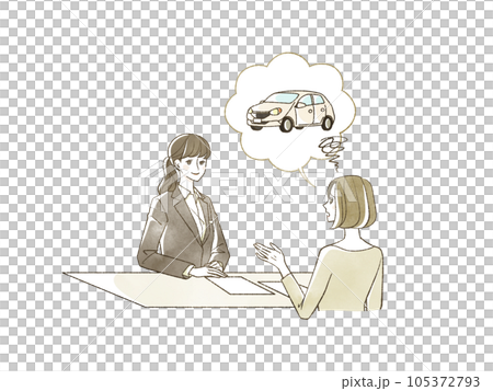 スーツ姿の女性に自動車に関した相談をしている女性 105372793
