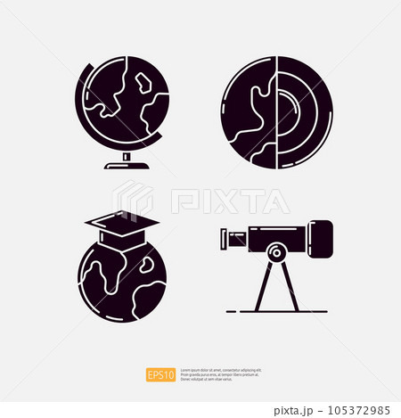 globe earth model, core of earth, graduation hat, telescope. geography knowledge and education icon. science and school vector illustration 105372985