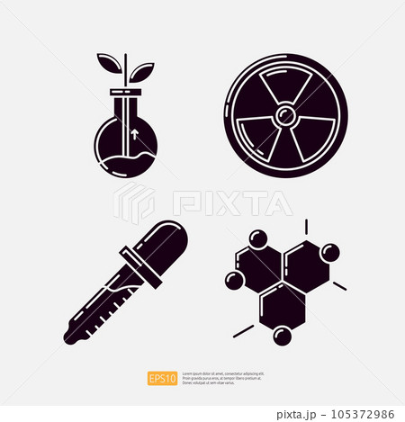 Grow plant in test tube, nuclear radiation sign, lab measuring pipette, hexagonal molecule badge structure. knowledge and education icon. science and school vector illustration Grow plant in test tube, nuclear radiation sign, lab measuring pipette, hexagonal molecule badge structure. knowledge and education icon. science and school vector illustration 105372986