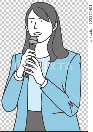 マイクを持ち話すノーカラージャケットの女 105373401