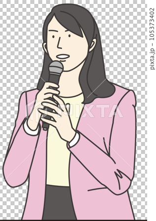 マイクを持ち話すノーカラージャケットの女 105373402