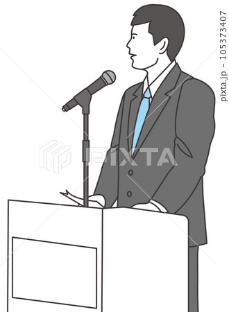 スタンドマイクで話をするビジネススーツの男性 スタンドマイクで話をするビジネススーツの男性 105373407