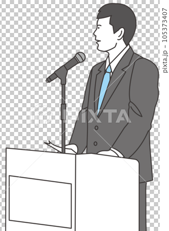 スタンドマイクで話をするビジネススーツの男性 スタンドマイクで話をするビジネススーツの男性 105373407