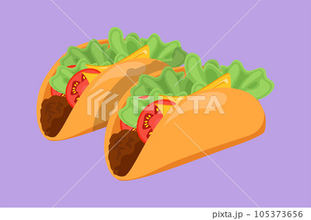 Graphic flat design drawing two stylized Mexican taco logo label. Emblem fast food nacho restaurant for cafe shop or food delivery service. Delicious meal for lunch. Cartoon style vector illustration Graphic flat design drawing two stylized Mexican taco logo label. Emblem fast food nacho restaurant for cafe shop or food delivery service. Delicious meal for lunch. Cartoon style vector illustration 105373656