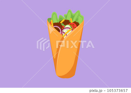 Character flat drawing fresh hot spicy online Mexican burritos shop logo. Mexico street fast food menu and restaurant badge concept. Tasty meal for lunch or dinner. Cartoon design vector illustration Character flat drawing fresh hot spicy online Mexican burritos shop logo. Mexico street fast food menu and restaurant badge concept. Tasty meal for lunch or dinner. Cartoon design vector illustration 105373657