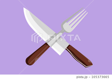 Character flat drawing knife and fork for restaurant logo emblem. Luxury cafe shop logotype template concept. Kitchen set tools, cutlery, utensil icon for catering. Cartoon design vector illustration 105373665