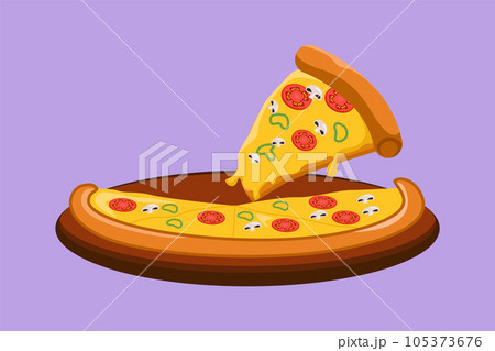 Character flat drawing fresh Italian pizza logo. Fast food pizzeria Italy menu and restaurant badge concept for cafe, shop or food delivery service. Delicious lunch. Cartoon design vector illustration Character flat drawing fresh Italian pizza logo. Fast food pizzeria Italy menu and restaurant badge concept for cafe, shop or food delivery service. Delicious lunch. Cartoon design vector illustration 105373676