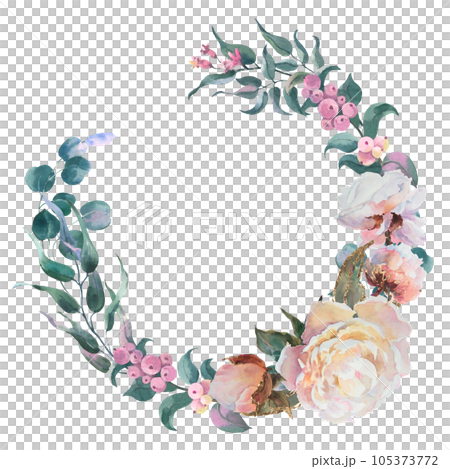Wreath of peonies, white flowers peonies watercolor, eucaliptus branches, floral clip art. Bouquet perfectly for printing design on invitations, cards, Isolated on white background Wreath of peonies, white flowers peonies watercolor, eucaliptus branches, floral clip art. Bouquet perfectly for printing design on invitations, cards, Isolated on white background 105373772