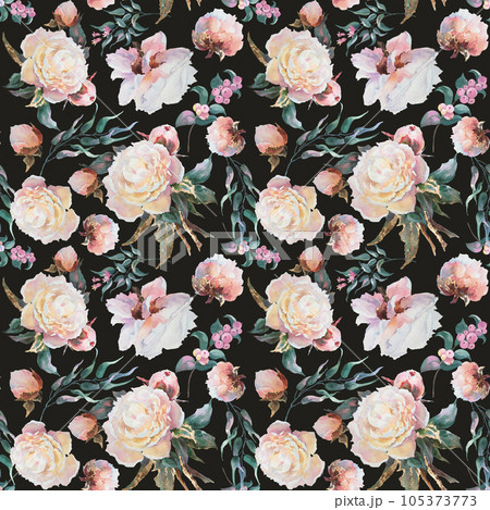 Watercolor floral seamless pattern with green leaves, white peonies flowers, leaf branches on black background. Wedding invitations, backgrounds, wallpapers, fashion, prints, fabric Watercolor floral seamless pattern with green leaves, white peonies flowers, leaf branches on black background. Wedding invitations, backgrounds, wallpapers, fashion, prints, fabric 105373773