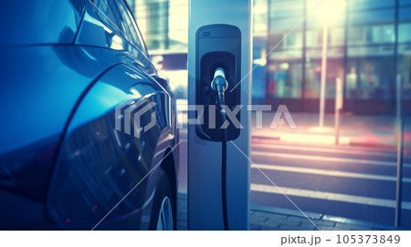EV car power charging. electric vehicle with electric connector at station. generative AI 105373849