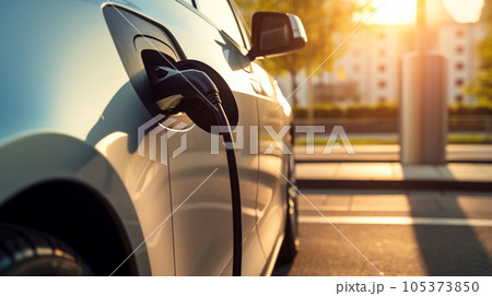EV car power charging. electric vehicle with electric connector at station. generative AI 105373850