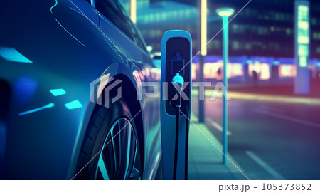 EV car power charging. electric vehicle with electric connector at station. generative AI 105373852