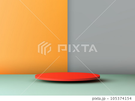 3D Red Podium Stand on Blue Floor with Yellow and Gray Background 3D Red Podium Stand on Blue Floor with Yellow and Gray Background 105374154