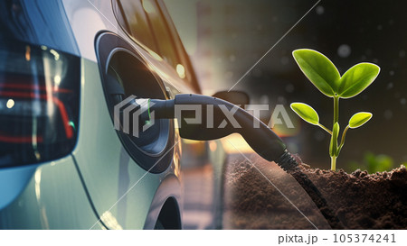 EV car power charging. electric vehicle with electric connector and sapling plant. green environment concept. generative AI 105374241