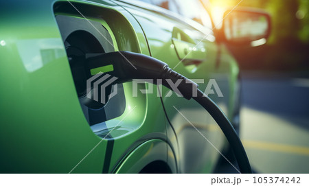 EV car power charging. electric vehicle with electric connector. generative AI 105374242