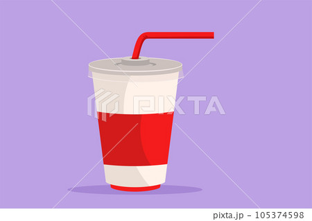 Character flat drawing fresh soft drink on plastic glass logotype. Cafe menu and restaurant badge art concept. Street food icon symbol. Refreshing drink in summer. Cartoon design vector illustration 105374598