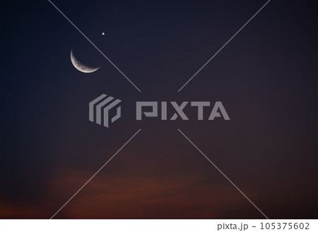Moon Muharram Mubarak Ramadan Concept,Crecent Moon and Sky Dark Night Background Symbols,New Year Muharram,Eid al-fitr,Arabic Eid Al-adha Backdrop,Kareem Traditional Holy Allah Islam Muslim Sunset. 105375602