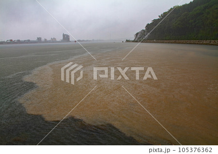 梅雨の豪雨で山からの泥水が流れ込み茶色に染まった海面 梅雨の豪雨で山からの泥水が流れ込み茶色に染まった海面 105376362