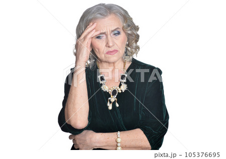 Portrait of sad senior woman wearing black blouse 105376695