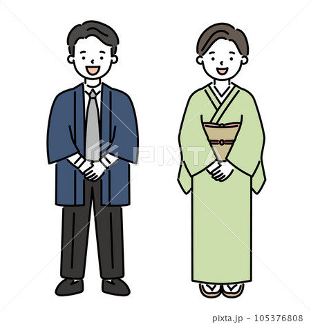 着物を着た女将と法被を着た若旦那のイラスト素材 105376808