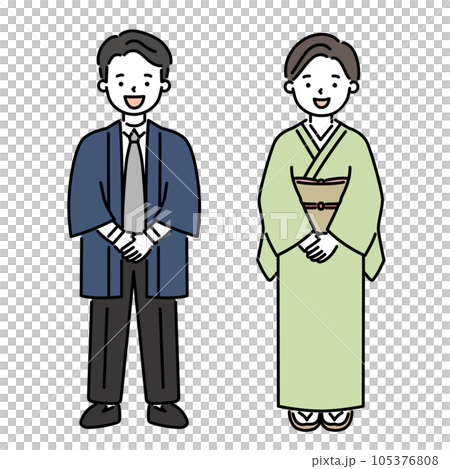 着物を着た女将と法被を着た若旦那のイラスト素材 105376808