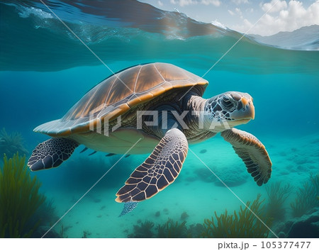 海中を泳ぐウミガメ 105377477