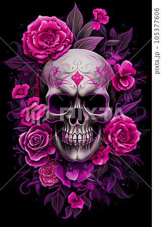 Skull with floral ornament on black background Illustration. selective focus. Generative AI 105377606
