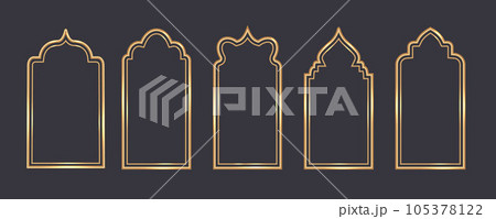Ramadan window frame shapes. Islamic golden arches. Muslim mosque elements of architecture with ornament. Turkish gates and doors set. Vector 105378122