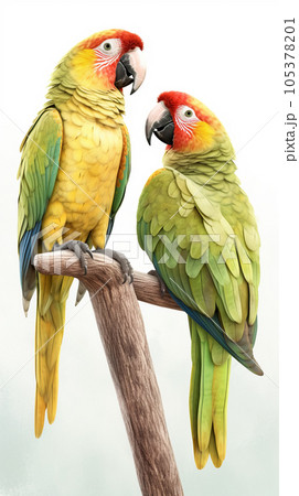 A pair of parrots perches together on a branch. A pair of parrots perches together on a branch. 105378201