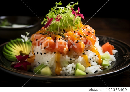 Rice in a plate with red fish, tomatoes and chili pepper 105378460